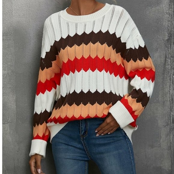 Suvimuga White Oversized Sweater w/ Fall Stripes - Picture 2 of 9